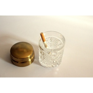 Elegant cigarette box from the 60s, made of crystal glass and brass lid, vintage
