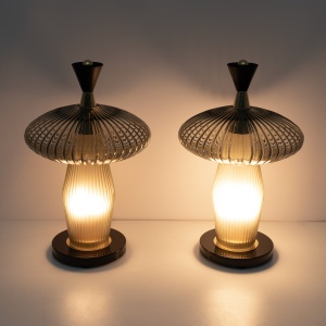 Pair of Mushroom-shaped Table Lamps Murano Glass and Brass Feng Shui Style