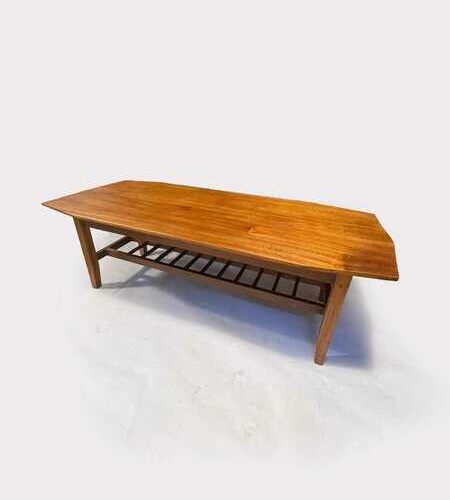 Mid Century 1970's Teak Surfboard Coffee Table With MagazineStorage Shelf