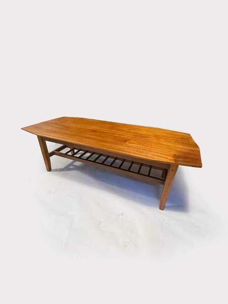 Mid Century 1970's Teak Surfboard Coffee Table With MagazineStorage Shelf