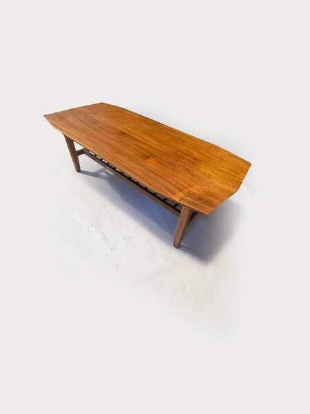 Mid Century 1970's Teak Surfboard Coffee Table With Magazine/Storage Shelf