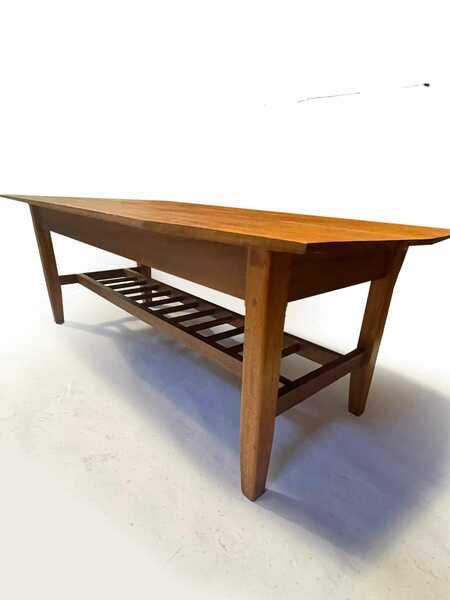 Mid Century 1970's Teak Surfboard Coffee Table With Magazine/Storage Shelf