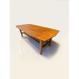 Mid Century 1970's Teak Surfboard Coffee Table With Magazine/Storage Shelf