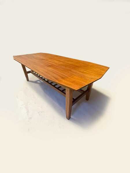 Mid Century 1970's Teak Surfboard Coffee Table With Magazine/Storage Shelf