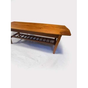 Mid Century 1970's Teak Surfboard Coffee Table With Magazine/Storage Shelf