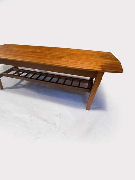 Mid Century 1970's Teak Surfboard Coffee Table With Magazine/Storage Shelf