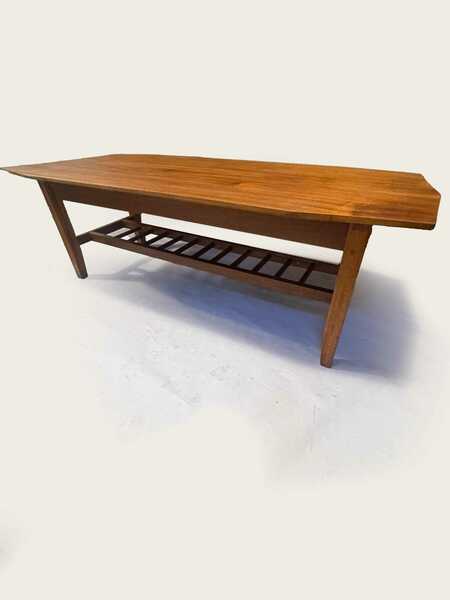 Mid Century 1970's Teak Surfboard Coffee Table With Magazine/Storage Shelf