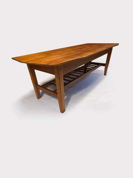 Mid Century 1970's Teak Surfboard Coffee Table With Magazine/Storage Shelf