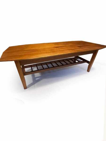 Mid Century 1970's Teak Surfboard Coffee Table With Magazine/Storage Shelf