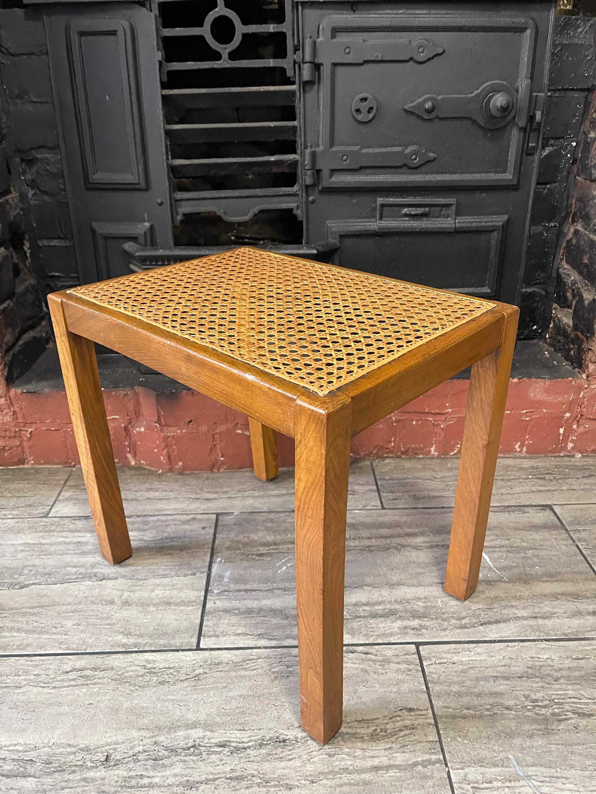 Mid Century Mahogany Side Table With Woven Rattan Top, 1950's Side Table, Vintage Rattan Table