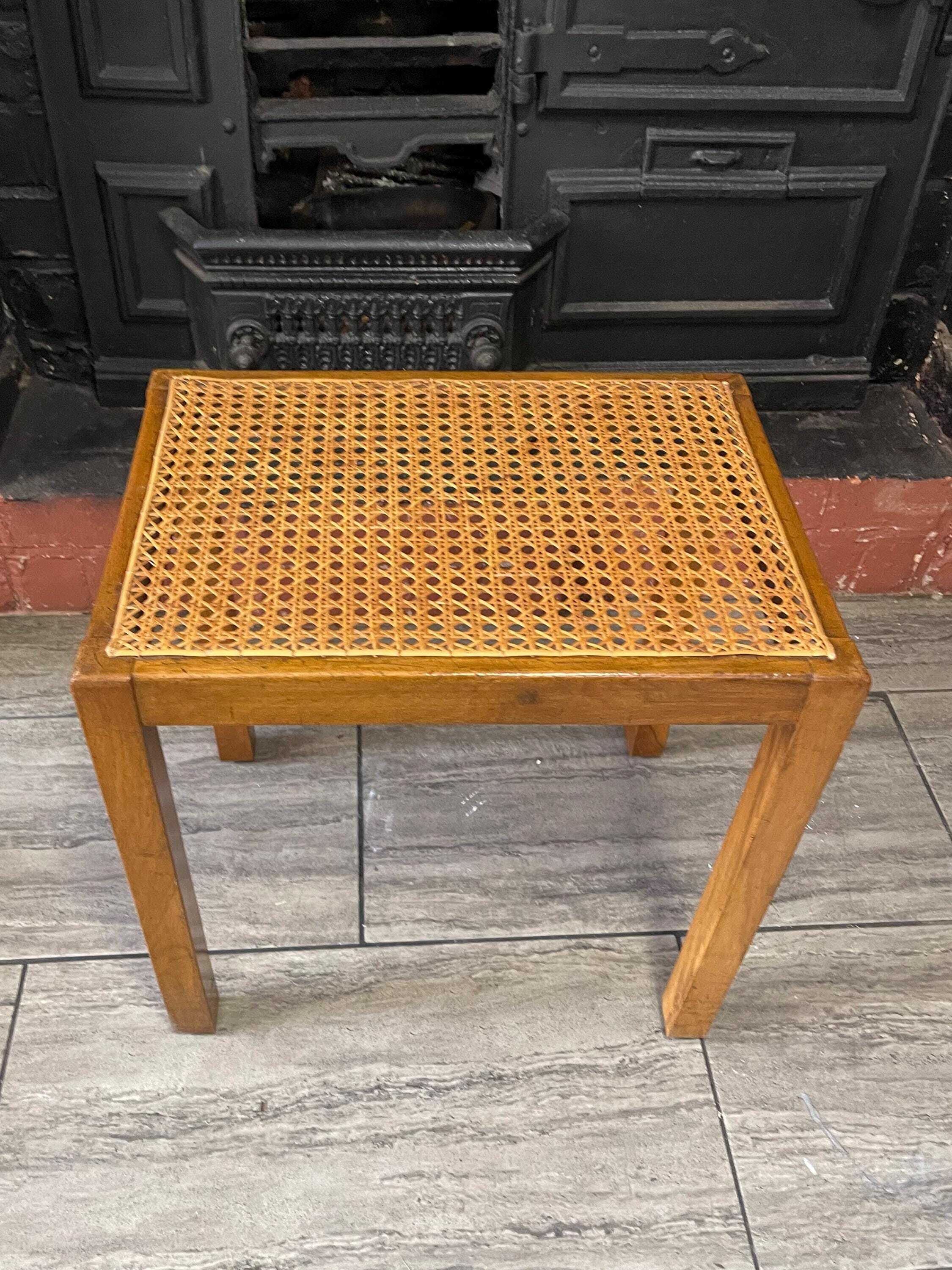 Mid Century Mahogany Side Table With Woven Rattan Top, 1950's Side Table, Vintage Rattan Table