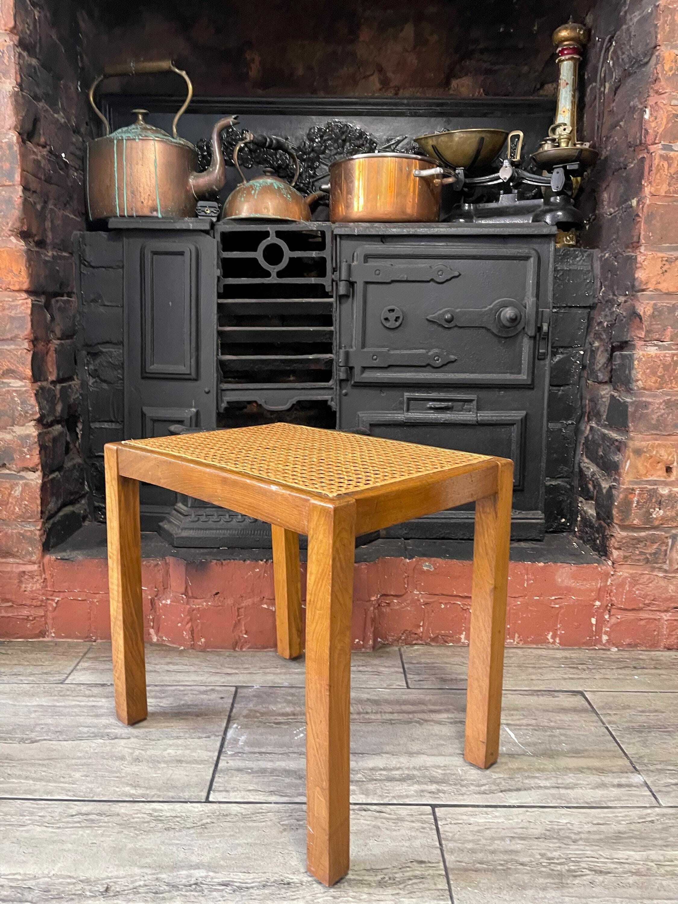 Mid Century Mahogany Side Table With Woven Rattan Top, 1950's Side Table, Vintage Rattan Table