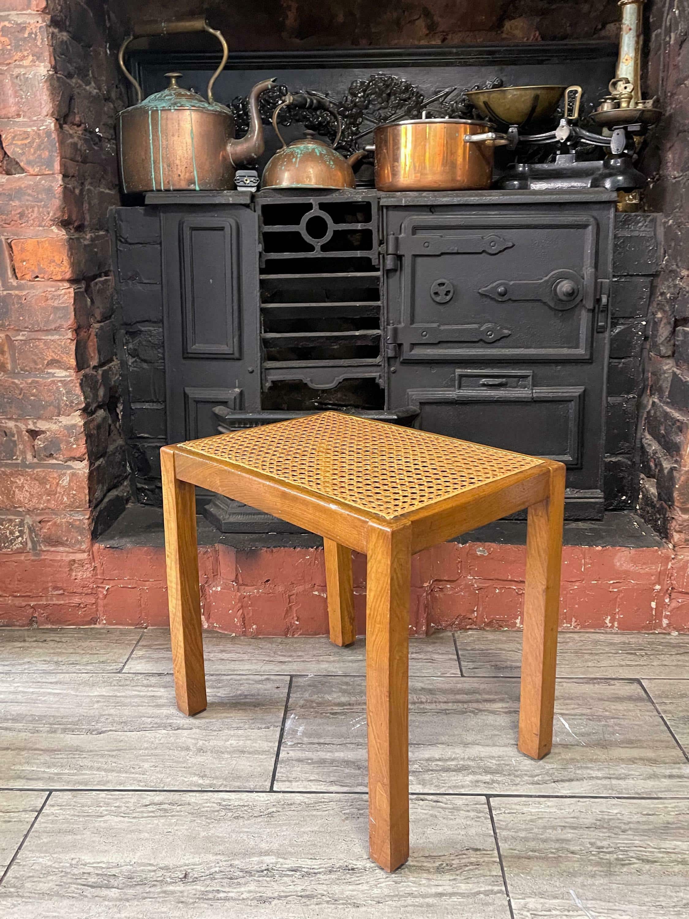 Mid Century Mahogany Side Table With Woven Rattan Top, 1950's Side Table, Vintage Rattan Table