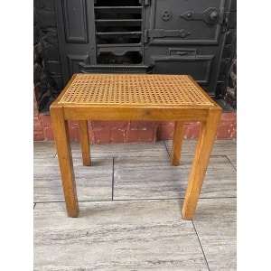 Mid Century Mahogany Side Table With Woven Rattan Top, 1950's Side Table, Vintage Rattan Table