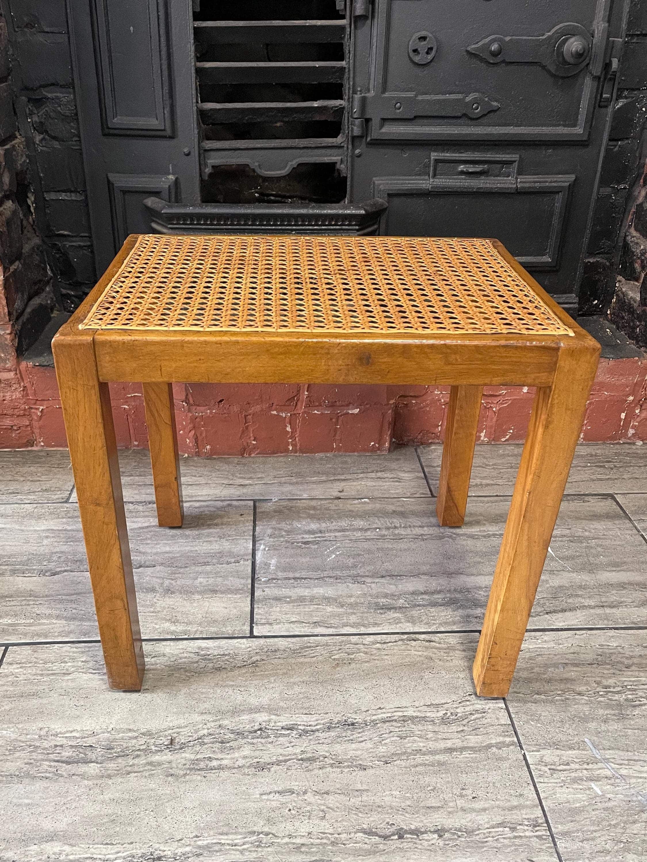 Mid Century Mahogany Side Table With Woven Rattan Top, 1950's Side Table, Vintage Rattan Table