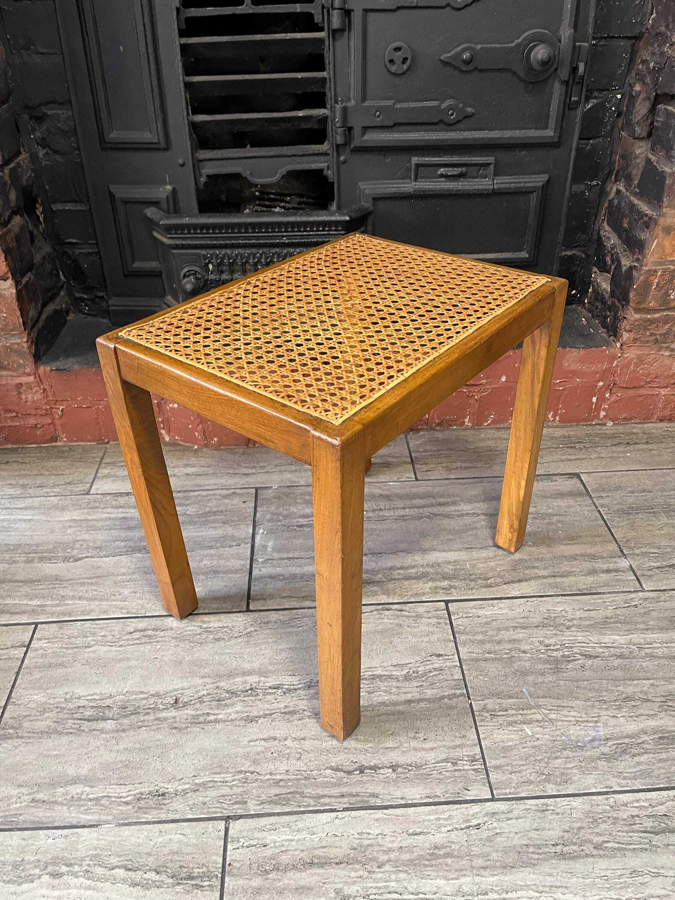 Mid Century Mahogany Side Table With Woven Rattan Top, 1950's Side Table, Vintage Rattan Table