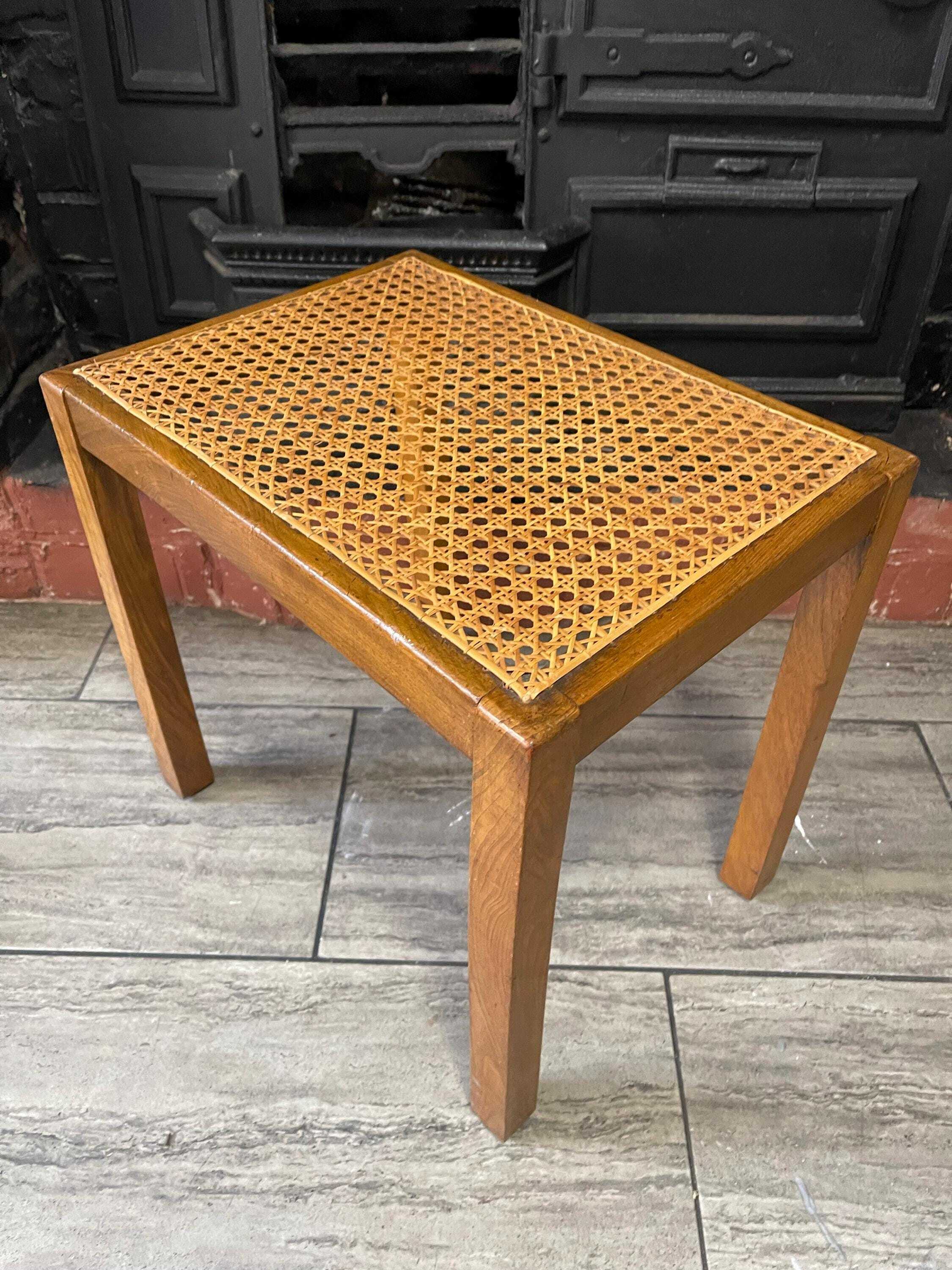 Mid Century Mahogany Side Table With Woven Rattan Top, 1950's Side Table, Vintage Rattan Table
