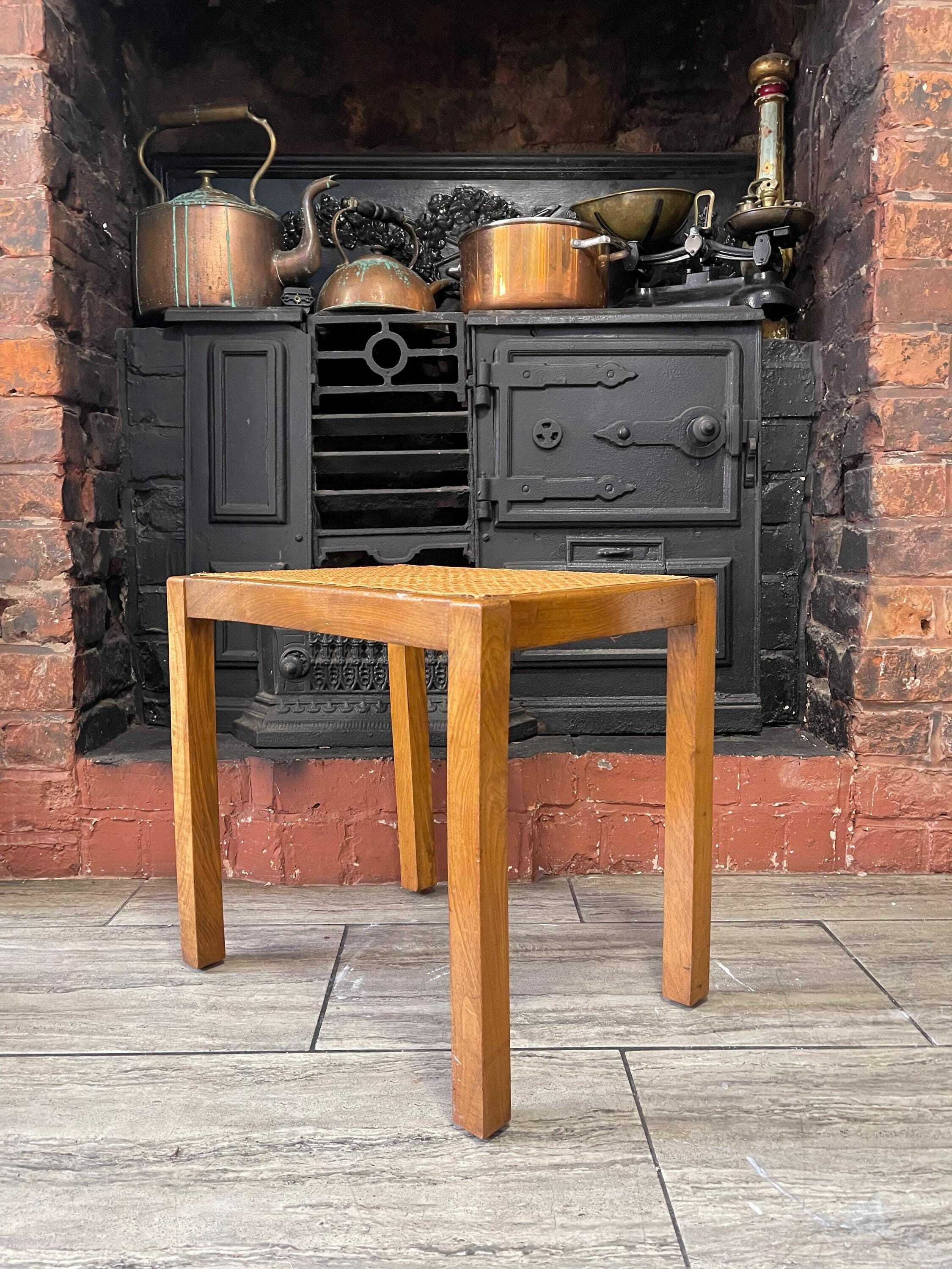 Mid Century Mahogany Side Table With Woven Rattan Top, 1950's Side Table, Vintage Rattan Table