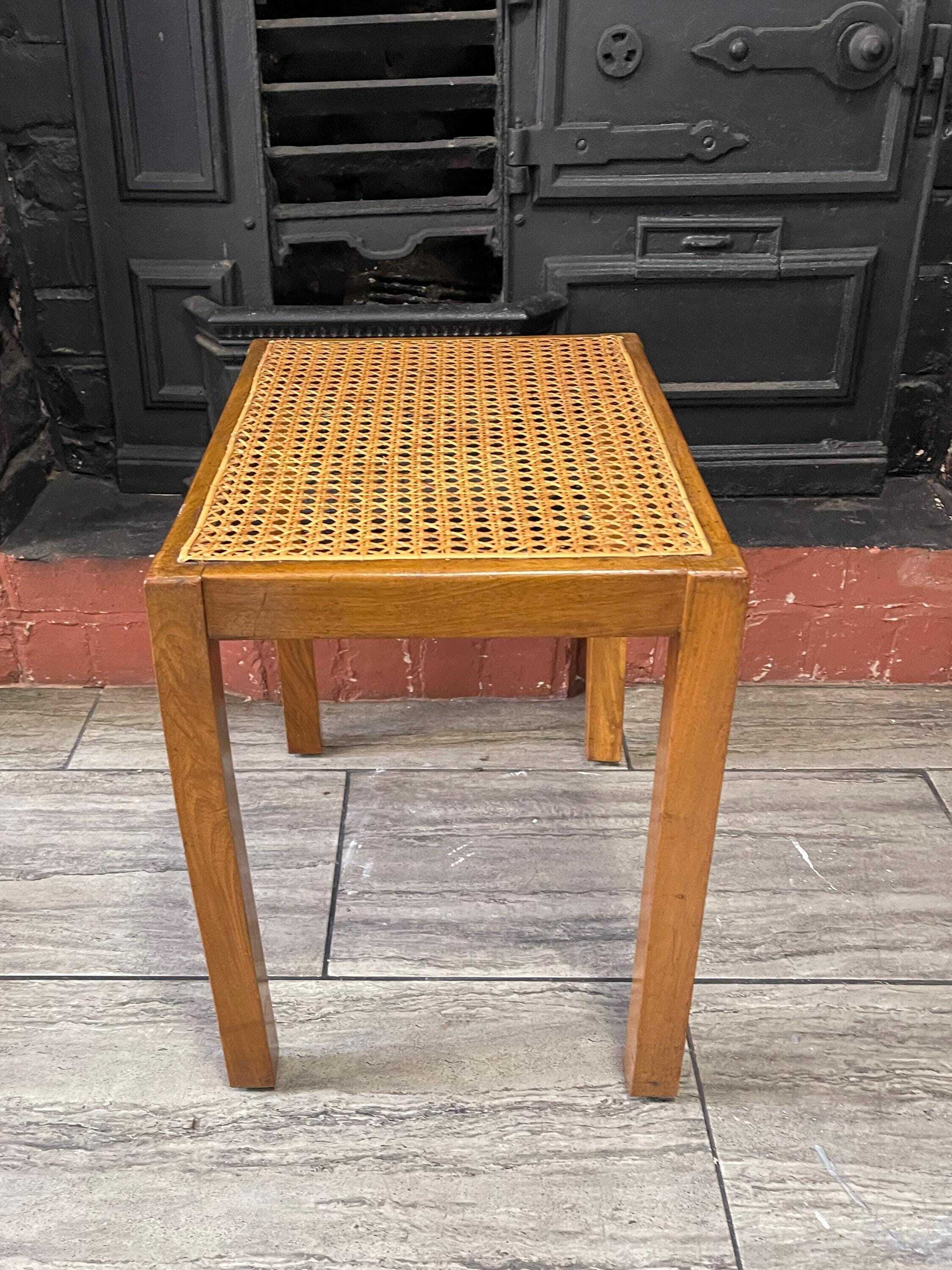 Mid Century Mahogany Side Table With Woven Rattan Top, 1950's Side Table, Vintage Rattan Table