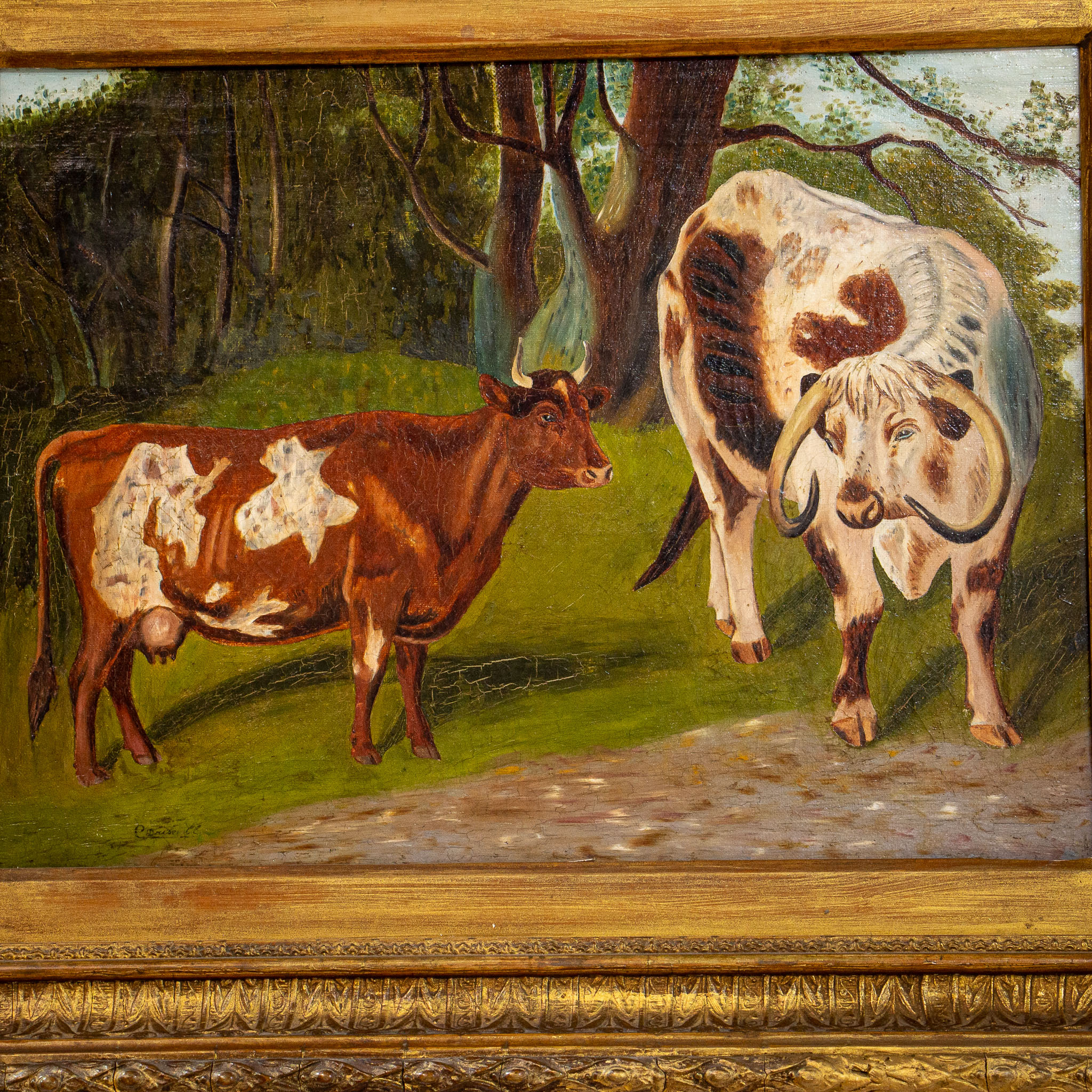 19th Century Oil on Canvas Painting of Cattle