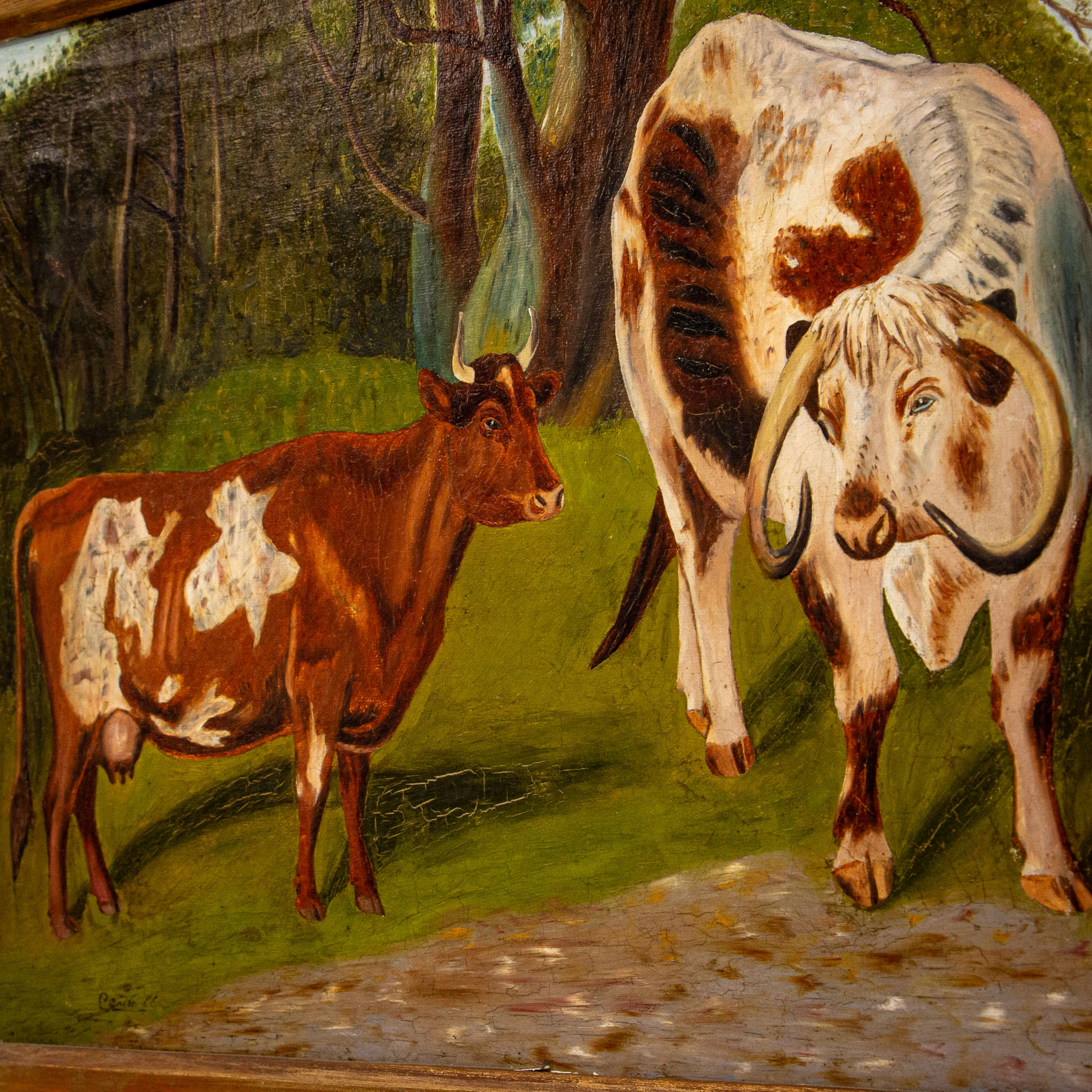 19th Century Oil on Canvas Painting of Cattle