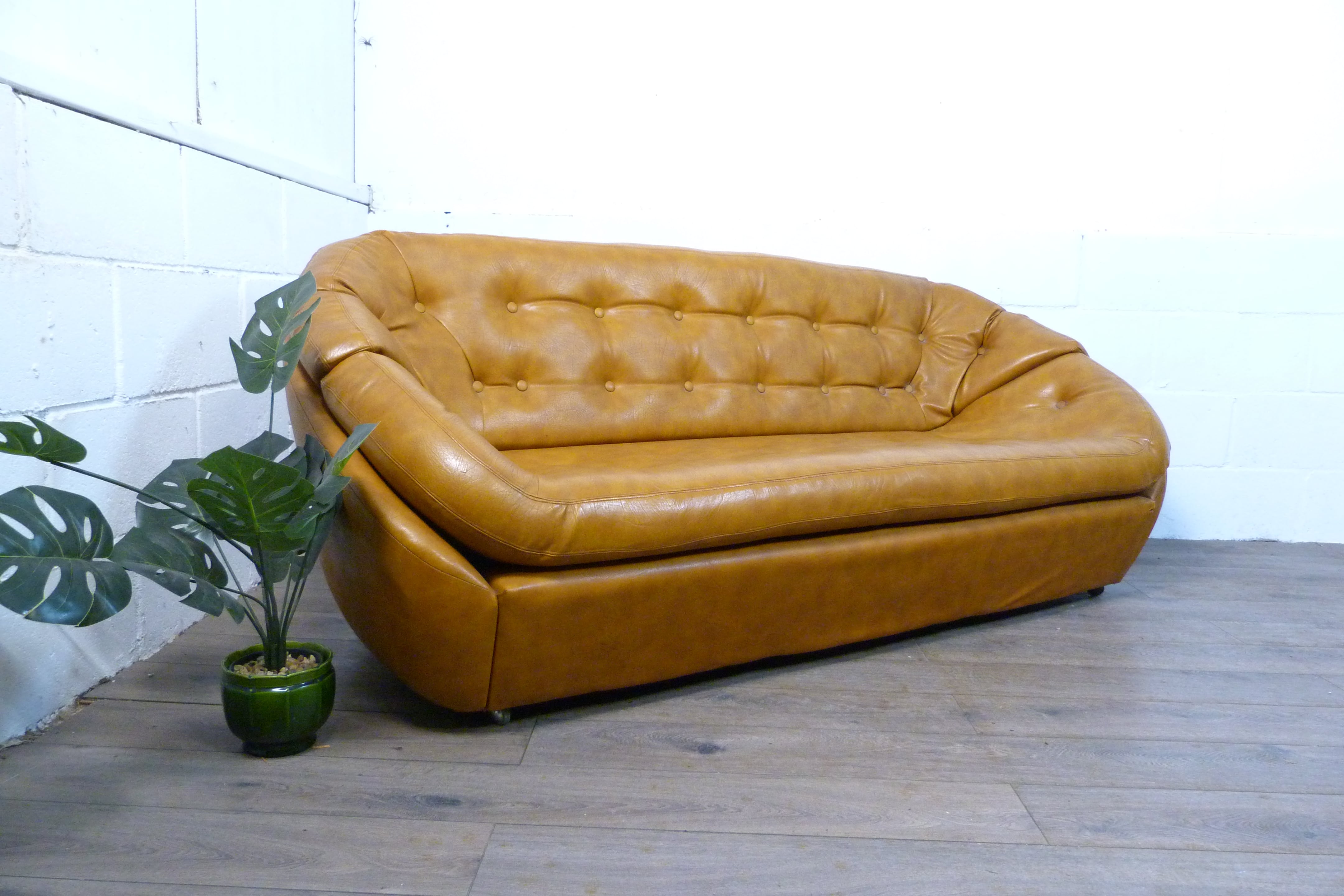 Mid-Century Space Age Tan Leather Pod Sofa