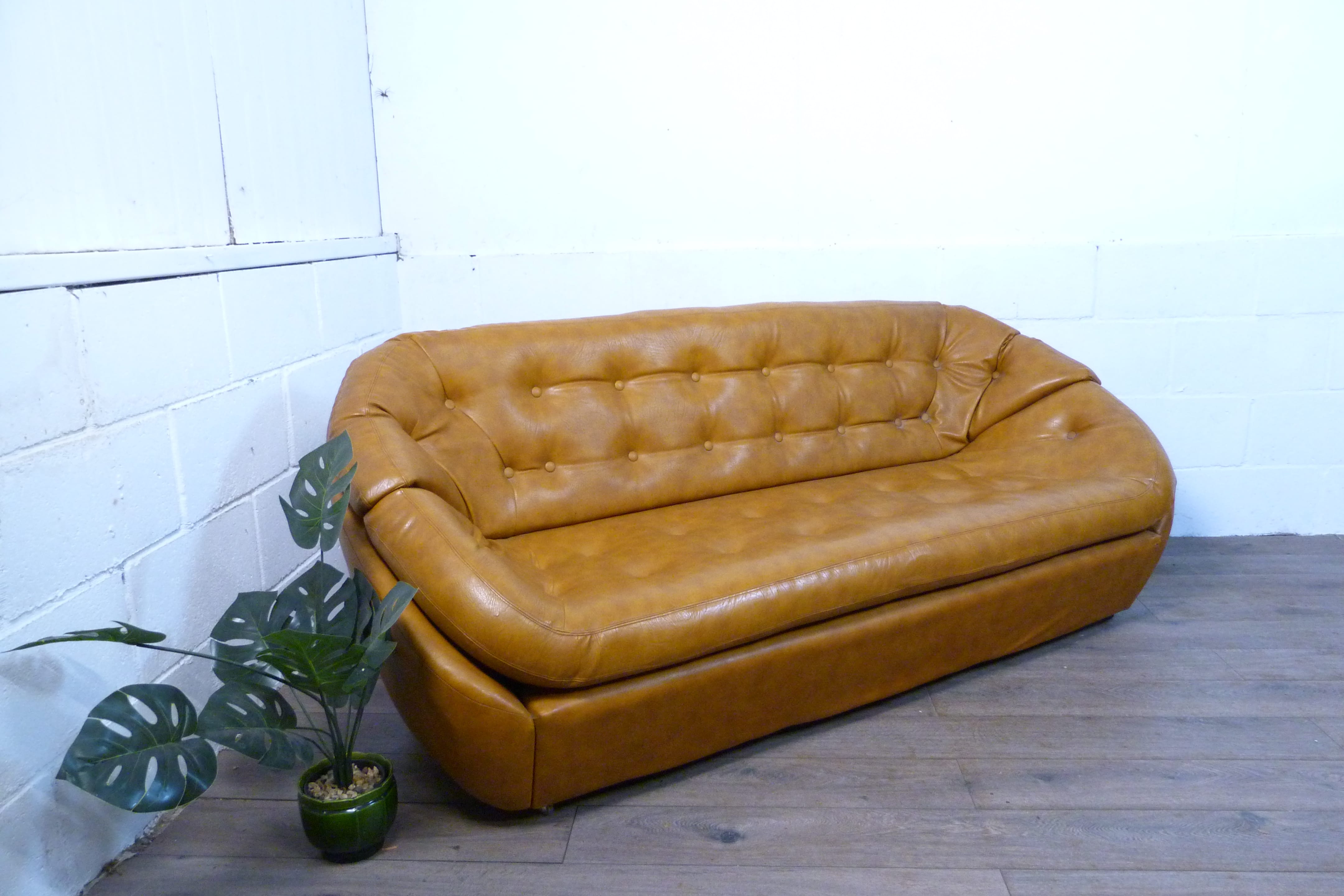 Mid-Century Space Age Tan Leather Pod Sofa