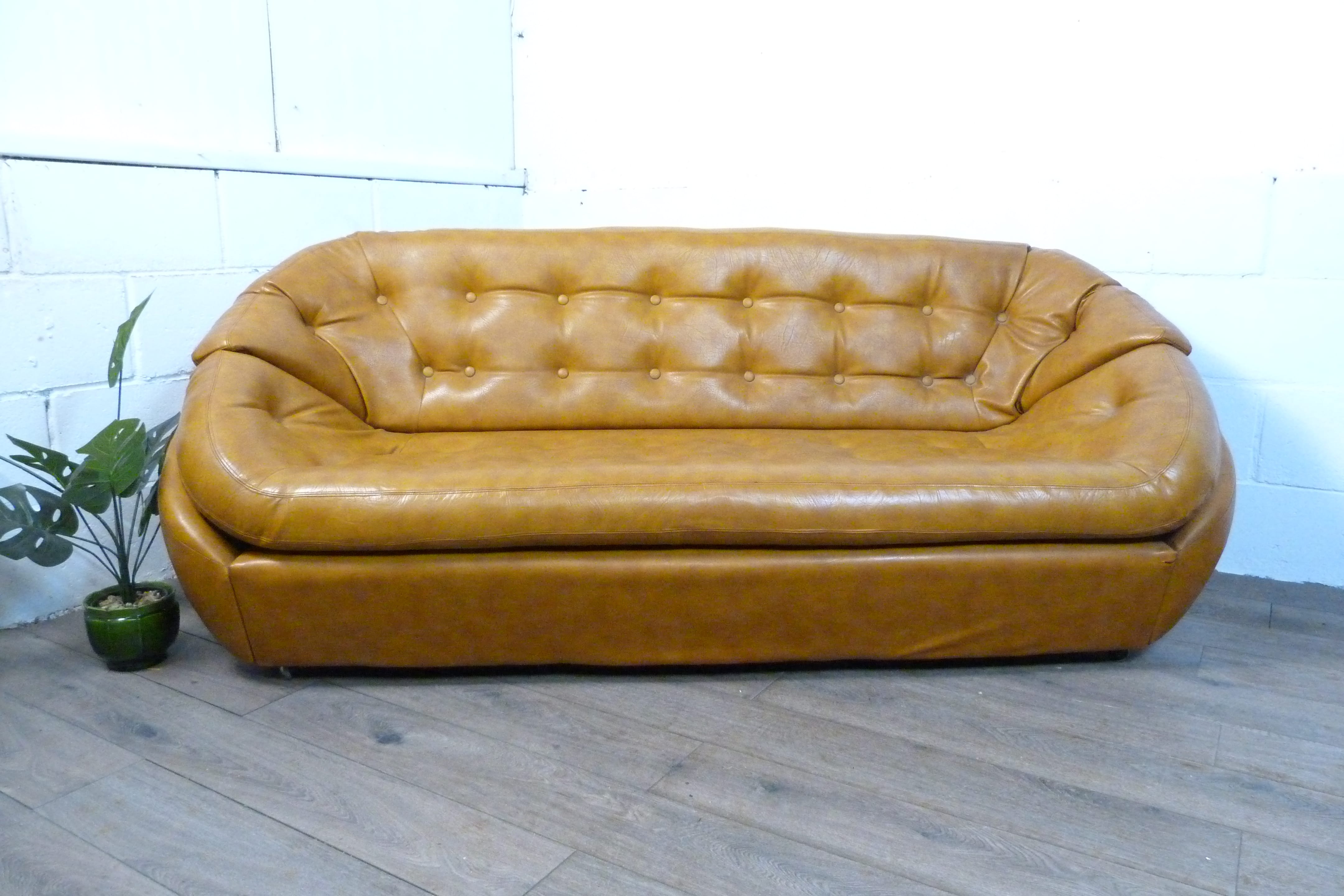 Mid-Century Space Age Tan Leather Pod Sofa