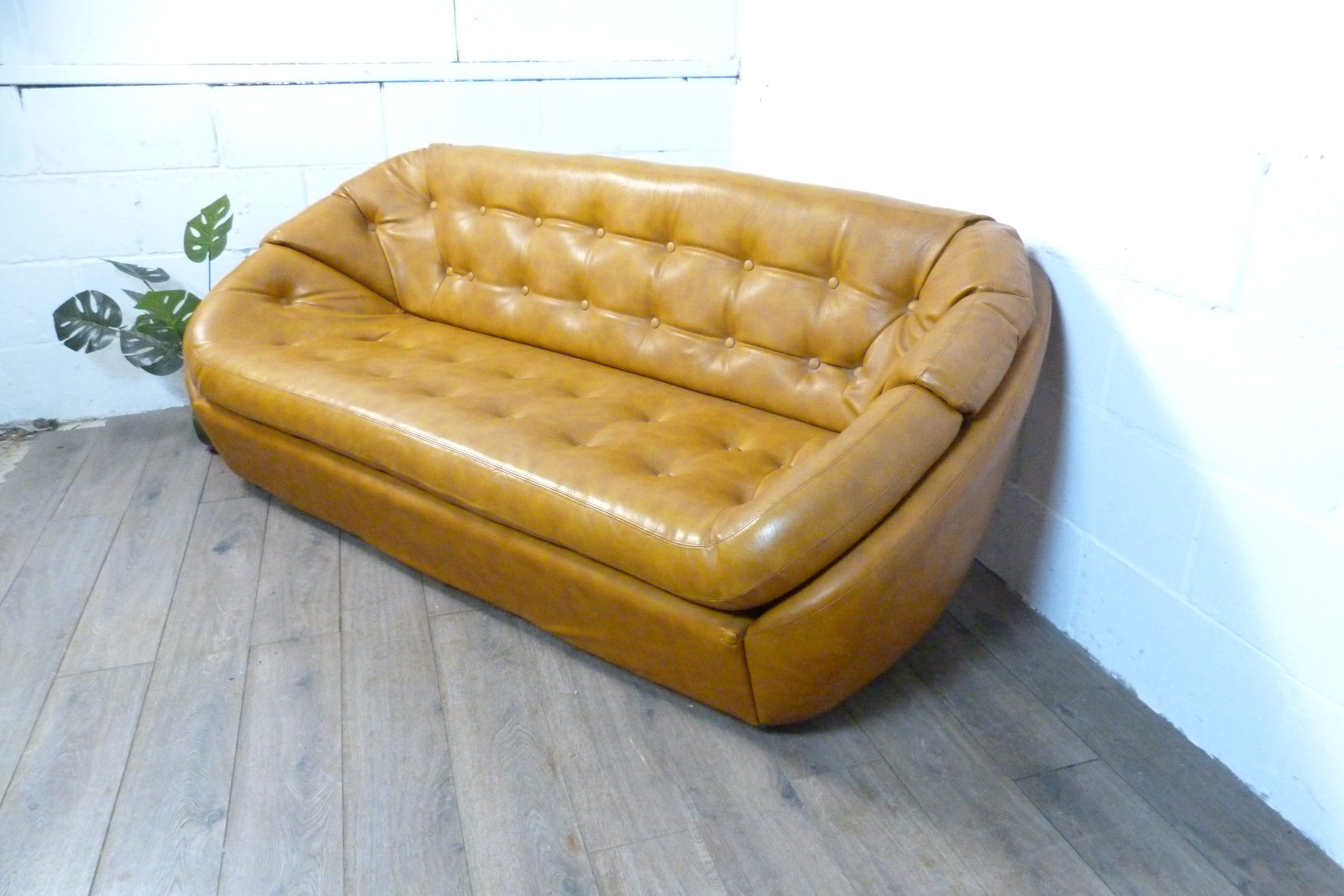 Mid-Century Space Age Tan Leather Pod Sofa