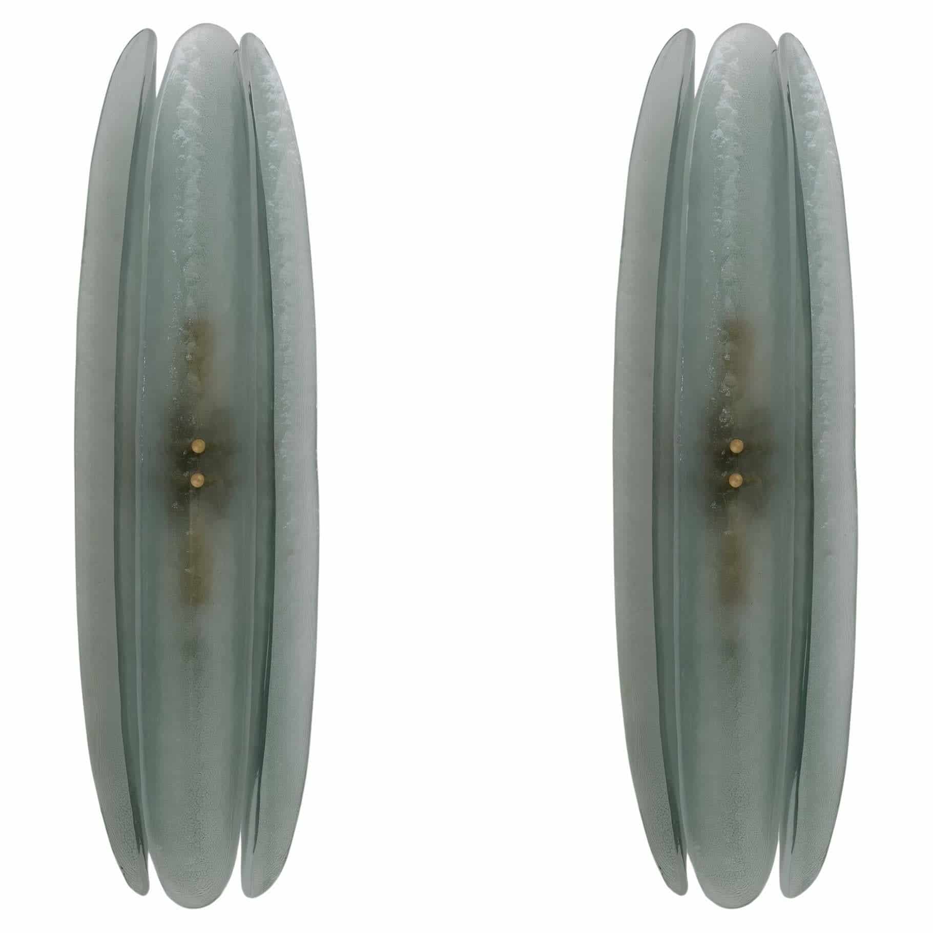 Pair of Fontana Arte Style Mid-century Modern Aqua Green Murano Glass Sconces