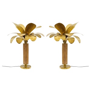 Pair of Mid-century Modern Italian Brass and Rattan Palm Tree Lamps, 1970s