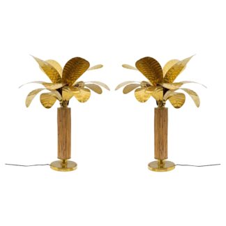 Pair of Mid-century Modern Italian Brass and Rattan Palm Tree Lamps, 1970s