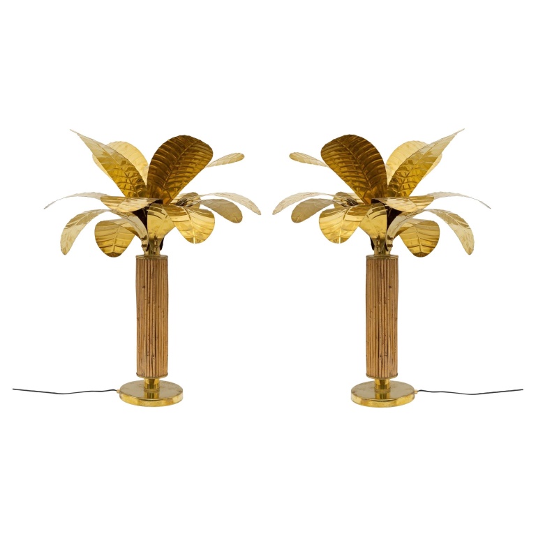 Pair of Mid-century Modern Italian Brass and Rattan Palm Tree Lamps, 1970s