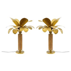 Pair of Mid-century Modern Italian Brass and Rattan Palm Tree Lamps, 1970s