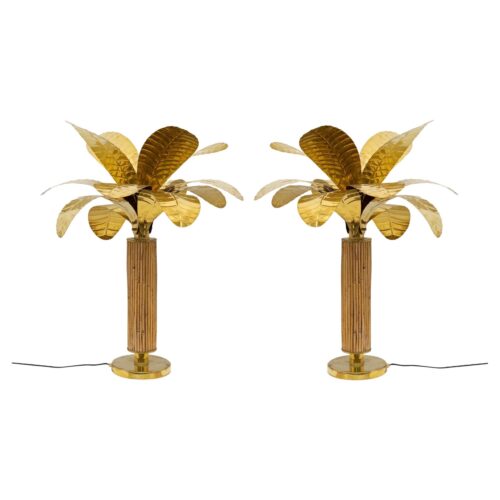 Pair of Mid-century Modern Italian Brass and Rattan Palm Tree Lamps, 1970s