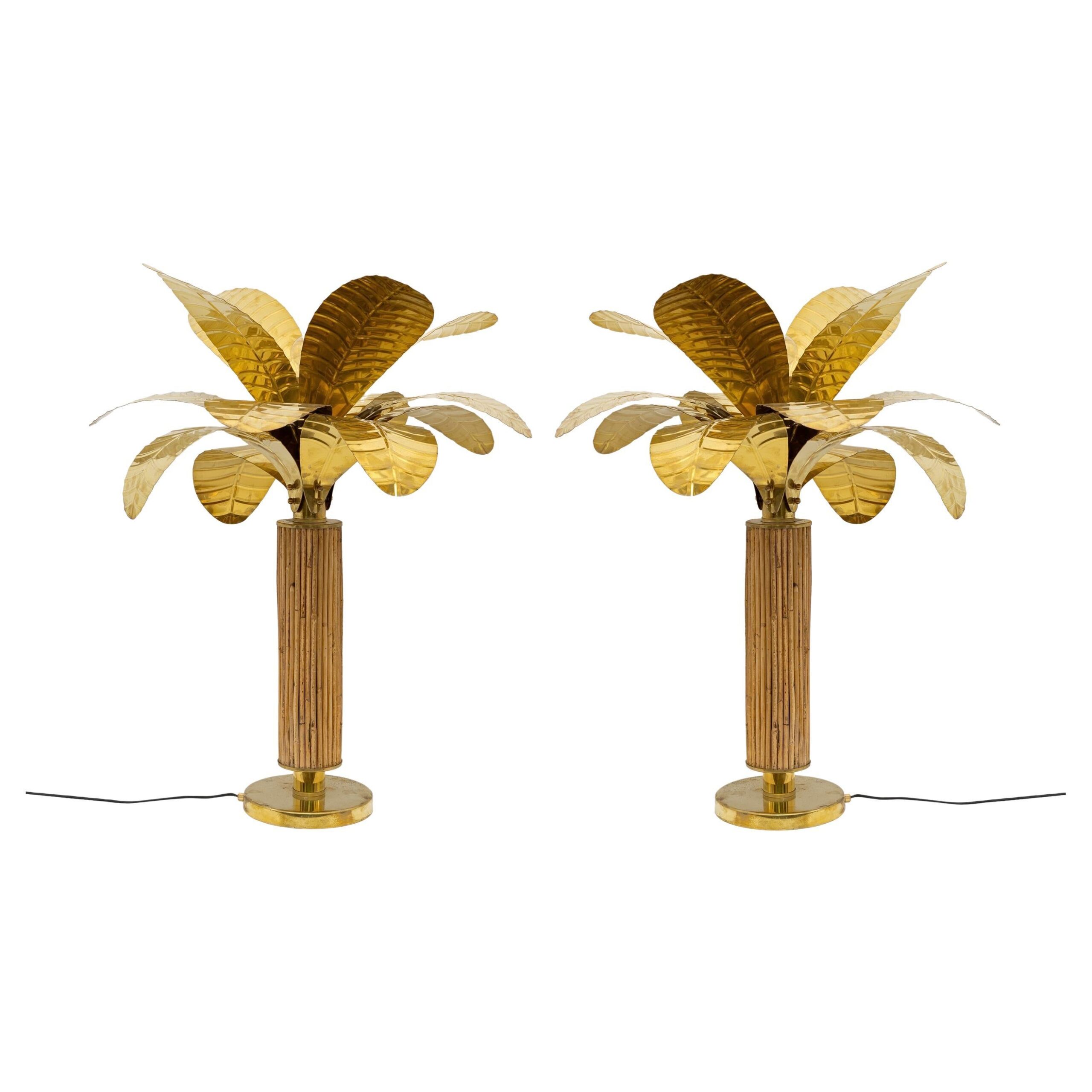 Pair of Mid-century Modern Italian Brass and Rattan Palm Tree Lamps, 1970s