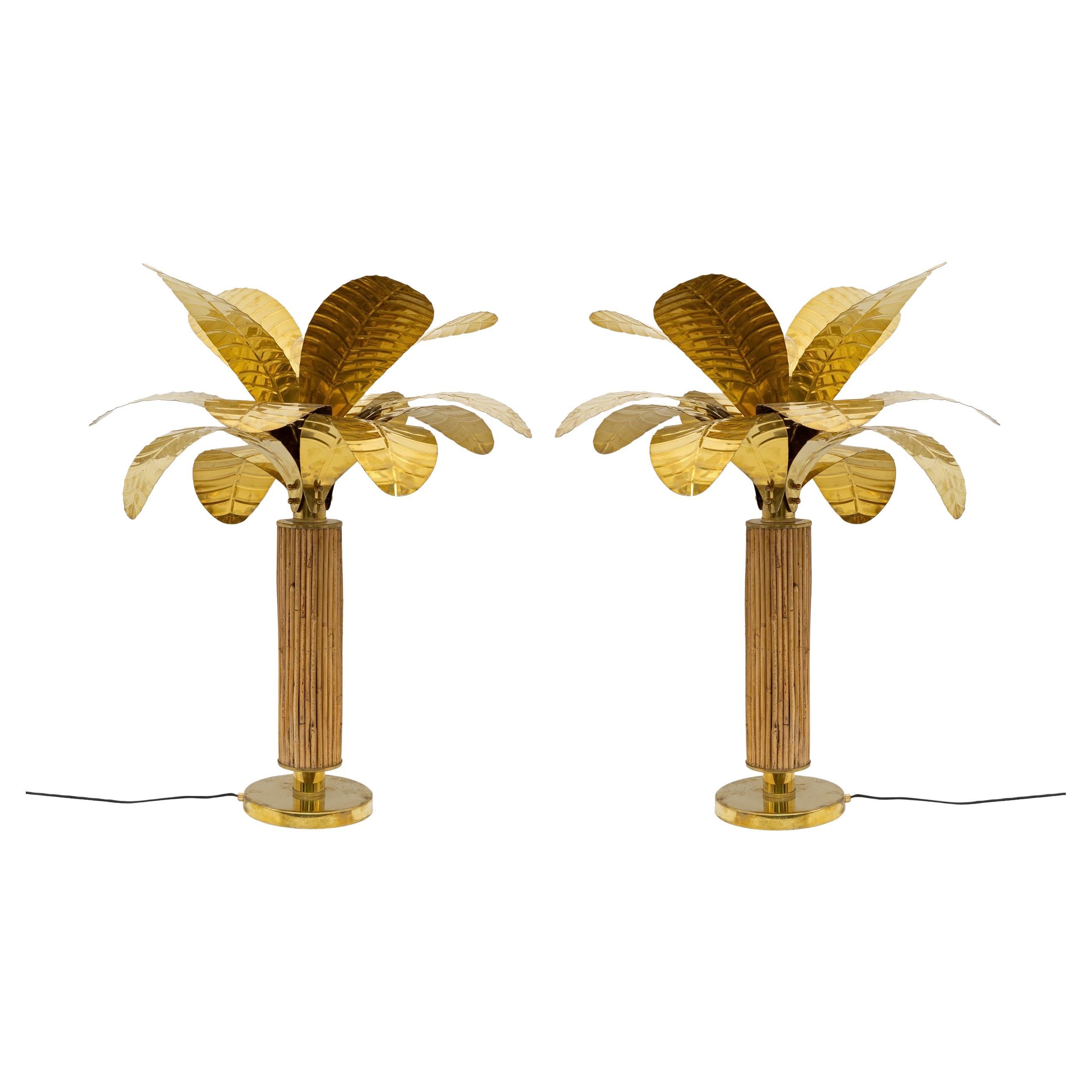 Pair of Mid-century Modern Italian Brass and Rattan Palm Tree Lamps, 1970s