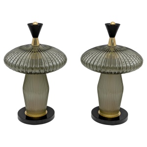 Pair of Mushroom-shaped Table Lamps Murano Glass and Brass Feng Shui Style