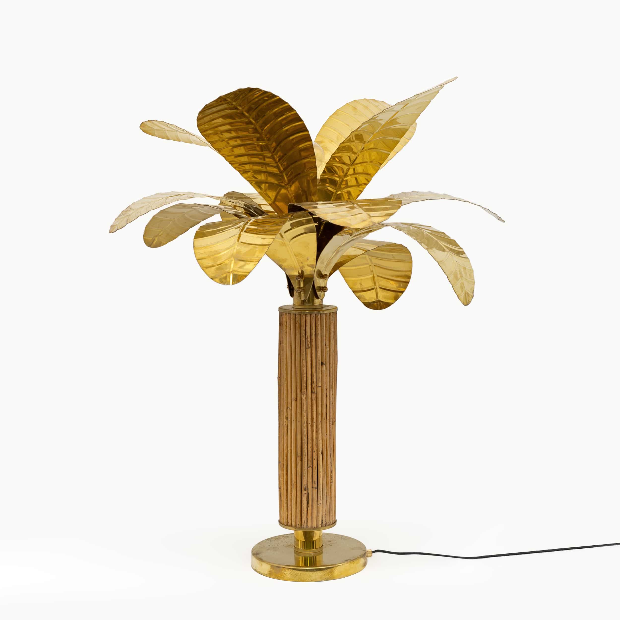 Pair of Mid-century Modern Italian Brass and Rattan Palm Tree Lamps, 1970s
