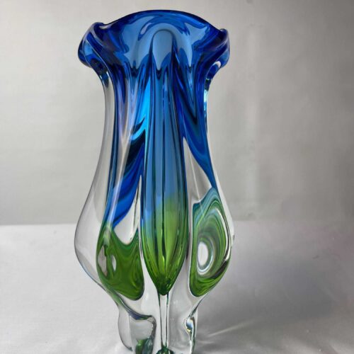 Sklarna Chřibská (Czechoslovakia) Art Glass Vase Model 114322, Designed By Josef Hospodka, Sommerso Green And Blue Vintage Glass, Retro