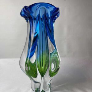 Sklarna Chřibská (Czechoslovakia) Art Glass Vase Model 114322, Designed By Josef Hospodka, Sommerso Green And Blue Vintage Glass, Retro