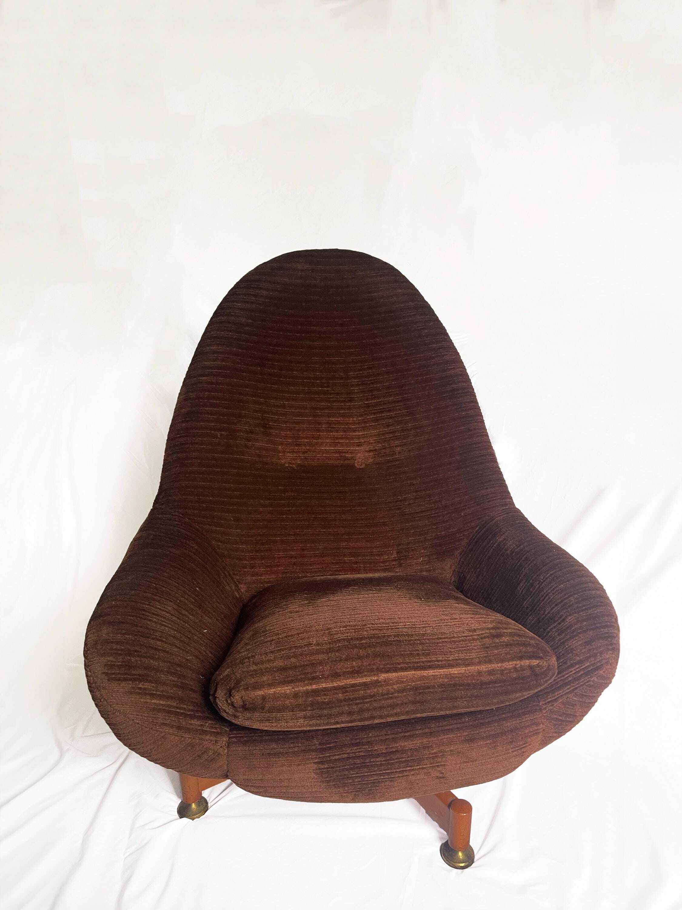 Swivel Chair From Greaves & Thomas, Mid Century Egg Chair, Vintage Chocolate Brown Velvet Egg Chair, Original Cover. Teak Legs