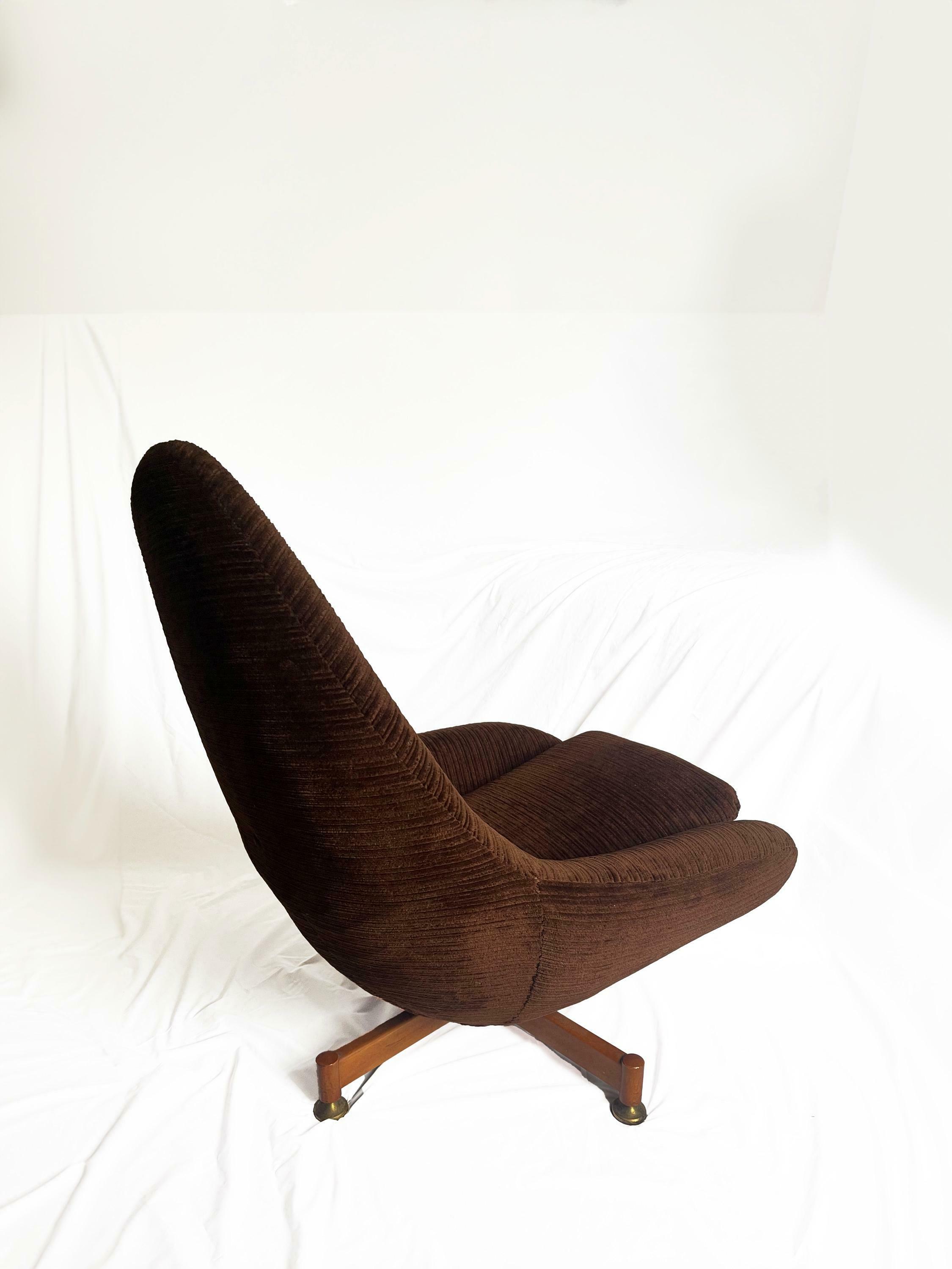 Swivel Chair From Greaves & Thomas, Mid Century Egg Chair, Vintage Chocolate Brown Velvet Egg Chair, Original Cover. Teak Legs
