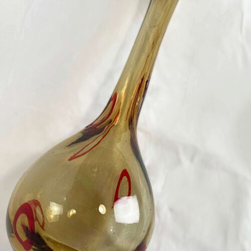 Vintage Mid Century Art Glass Mouth Blown Honey Amber Coloured Table Vase With Red Ribbon Circle Pattern, Rare Murano 1960, Retro Vase