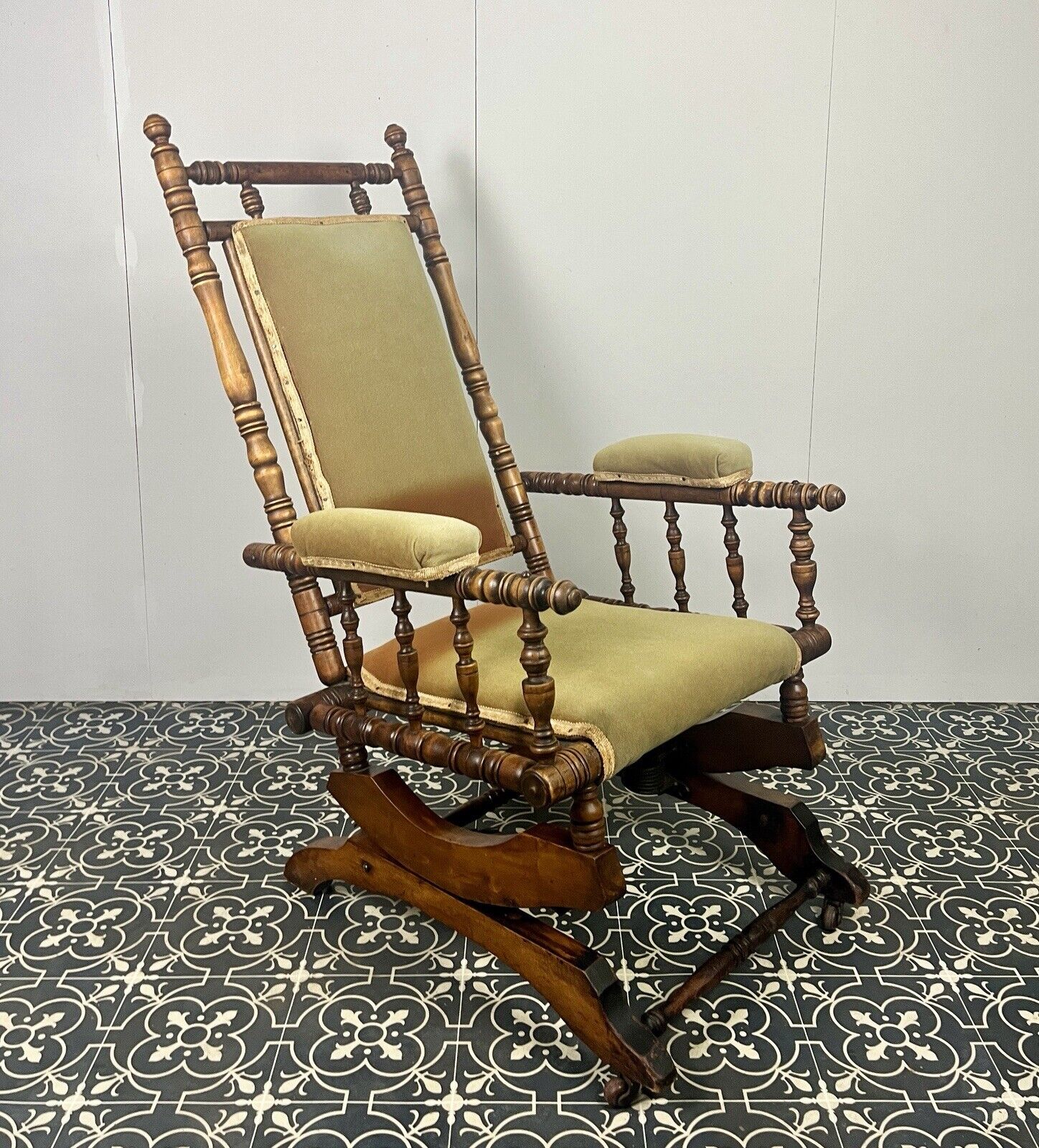 Antique Edwardian American Upholstered Rocking Chair, Living Room Decor