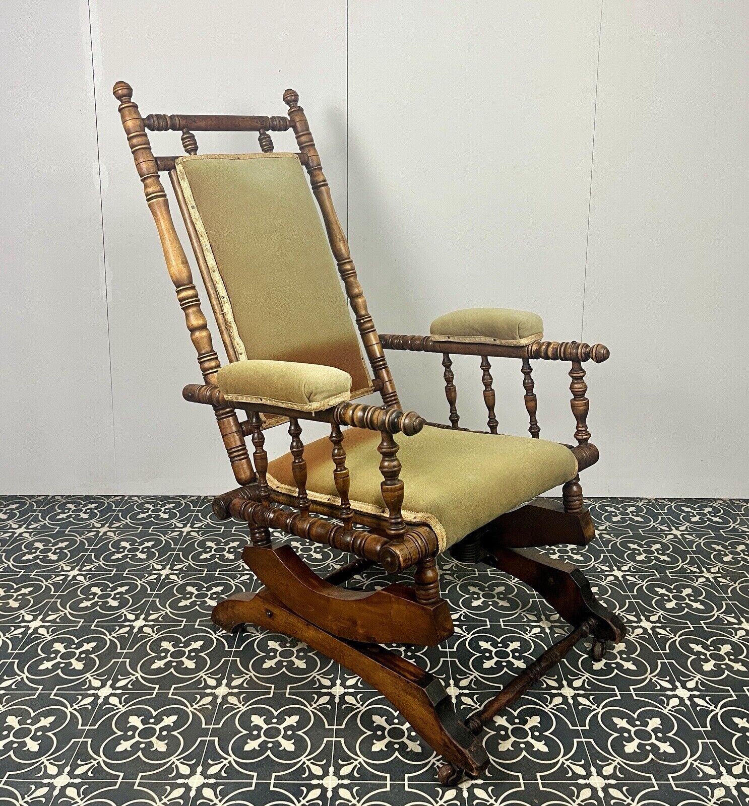 Antique Edwardian American Upholstered Rocking Chair, Living Room Decor