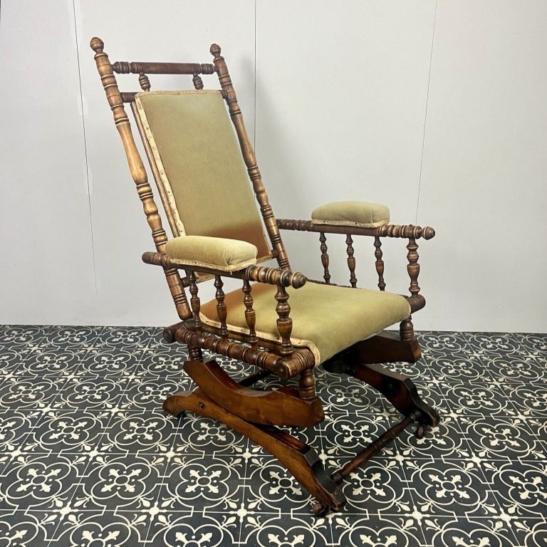 Antique Edwardian American Upholstered Rocking Chair, Living Room Decor