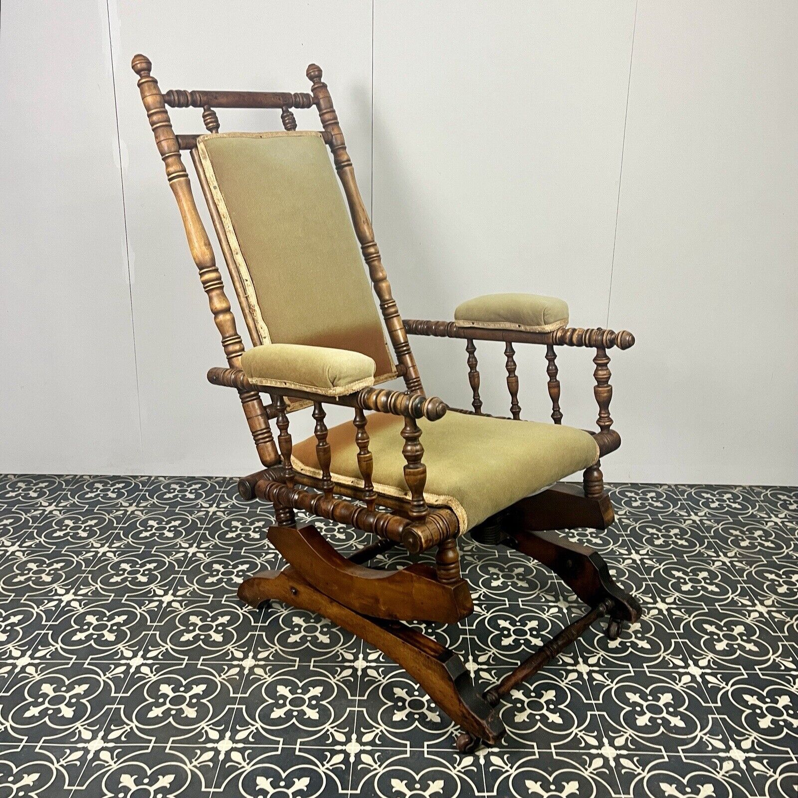 Antique Edwardian American Upholstered Rocking Chair, Living Room Decor