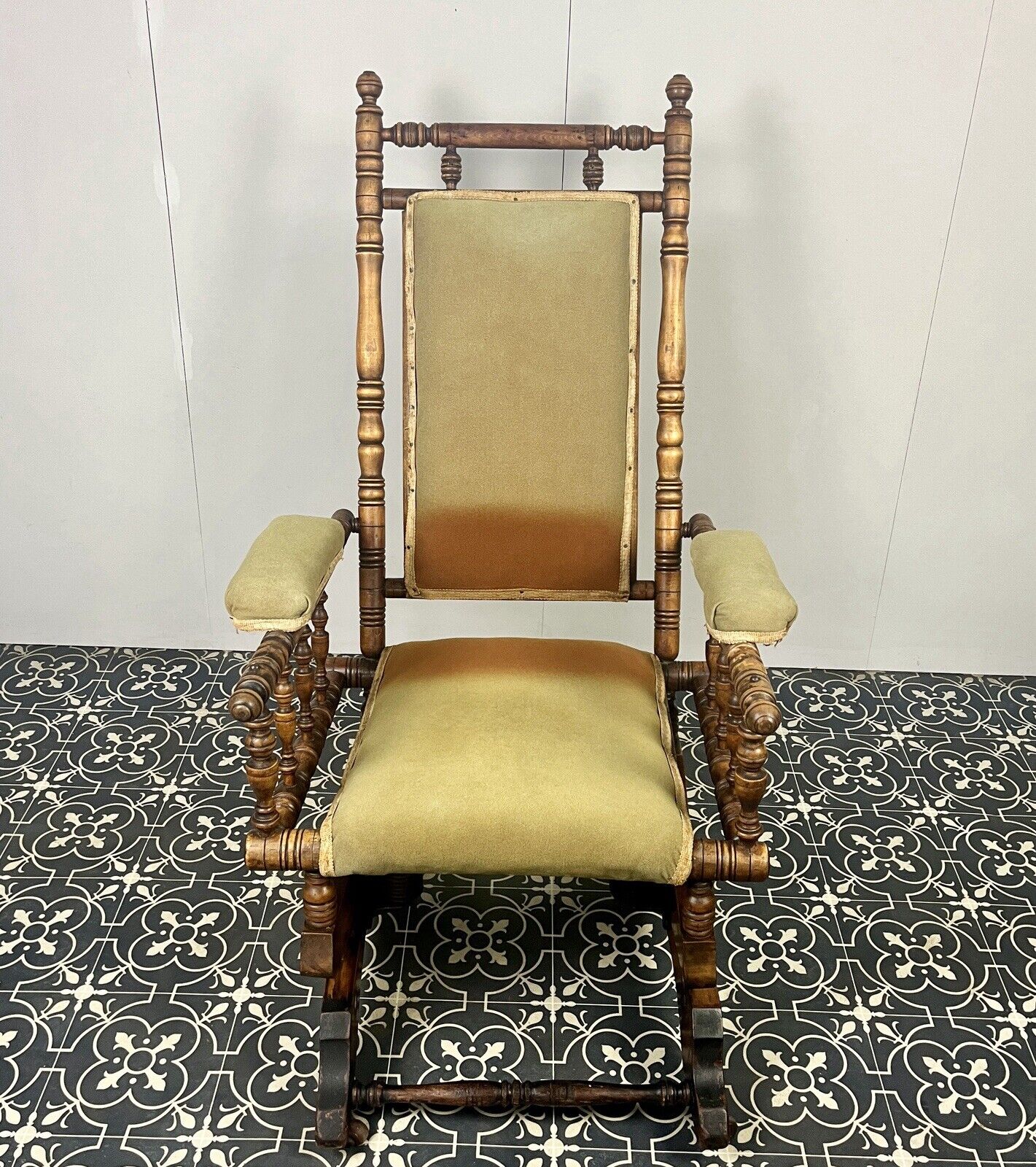 Antique Edwardian American Upholstered Rocking Chair, Living Room Decor