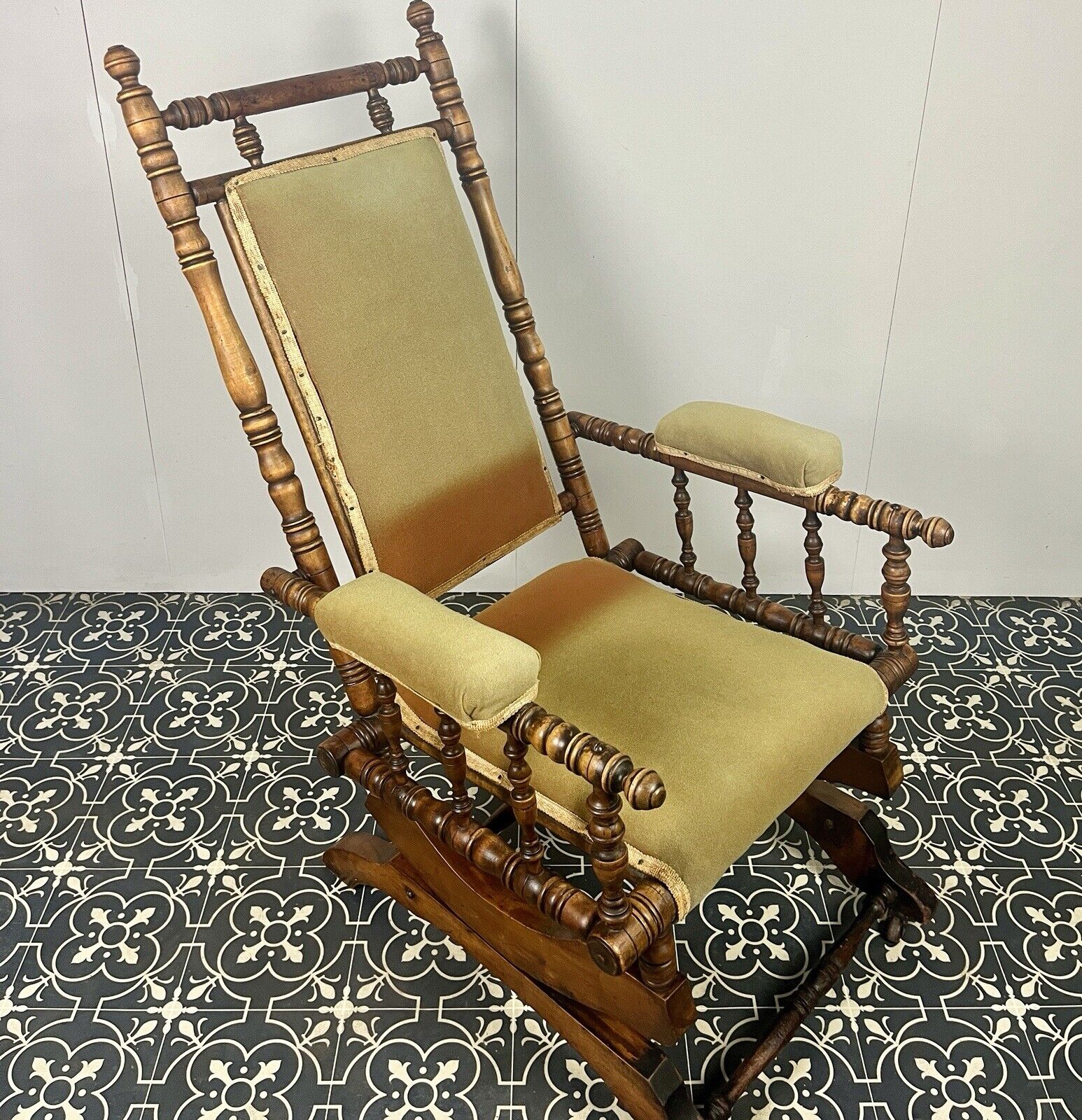 Antique Edwardian American Upholstered Rocking Chair, Living Room Decor